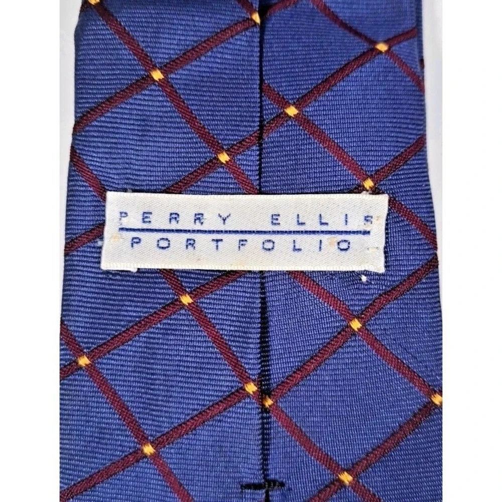 Perry Ellis Portfolio Mens Blue Silk Windowpane Tie Burgundy Gold Italian Fabric